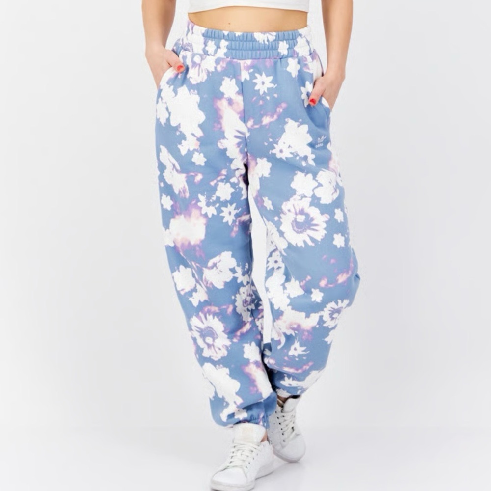 SALE 🥳 Adidas White & Blue Floral Tie Dye Abstract Print Fleece Jogger Sweatpant